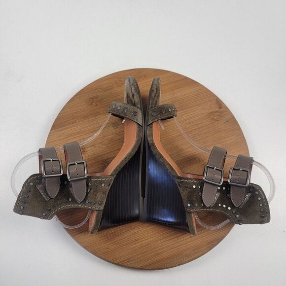 Coach Odessa Leather Suede Wedge 8.5 B Olive Green Buckle 2 Strap Heels‎ - Picture 9 of 16